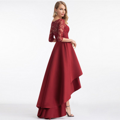 Spring Summer Women Round Neck Solid Color With Lace Mid Sleeve Slim Midi Dress