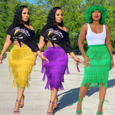 Women Summer Solid Color Fringe Bodycon Dress