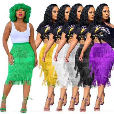 Women Summer Solid Color Fringe Bodycon Dress