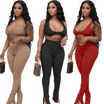 Women Summer Crop Top And Pants Slit Solid Color Two-Piece Set