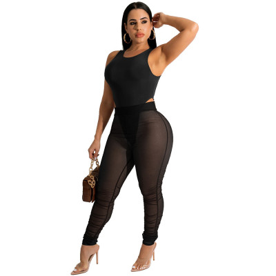 Fashion Women Summer Solid Color Mesh See Through Pant Two Piece Set
