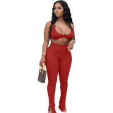 Women Summer Crop Top And Pants Slit Solid Color Two-Piece Set