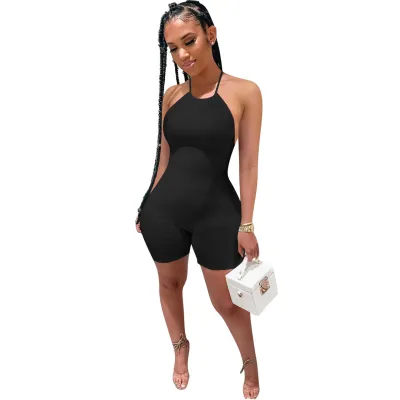 Women's Lace-Up Rib Backless Sexy Jumpsuit