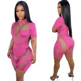 Women's short-sleeved mesh patchwork sexy hollow out see though two piece set for women