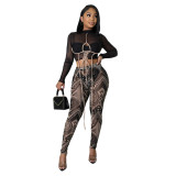 Fashion sexy see-through tight-fitting printed professional career slim fit two piece pants set
