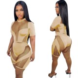 Women's short-sleeved mesh patchwork sexy hollow out see though two piece set for women