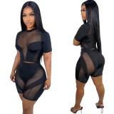 Women's short-sleeved mesh patchwork sexy hollow out see though two piece set for women