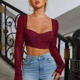Mesh long-sleeved square-neck sexy wrap cropped multicolor women top