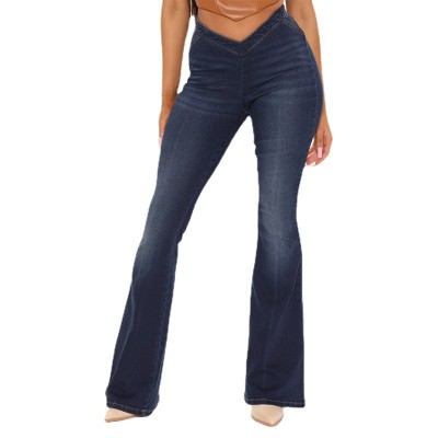 Women Dark Stretch Jeans V-Shaped Waist Flared Pants