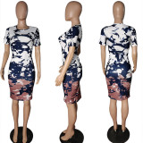 Spring and summer women's Rib positioning print round neck dress