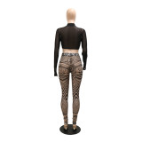 Fashion sexy see-through tight-fitting printed professional career slim fit two piece pants set
