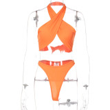 Spring Women's Sexy Cross Halter Solid Color Swimsuit Bikini Set