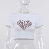 heart letter print T-shirt summer fashion sexy temperament slim round neck top