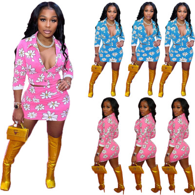 Women's Casual V Suit Collar Upper and Lower Pocket Print Two-Piece Set