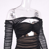 Summer women's mesh mesh hollow see through pleated off shoulder collar exposed bodycon short skirt dress women