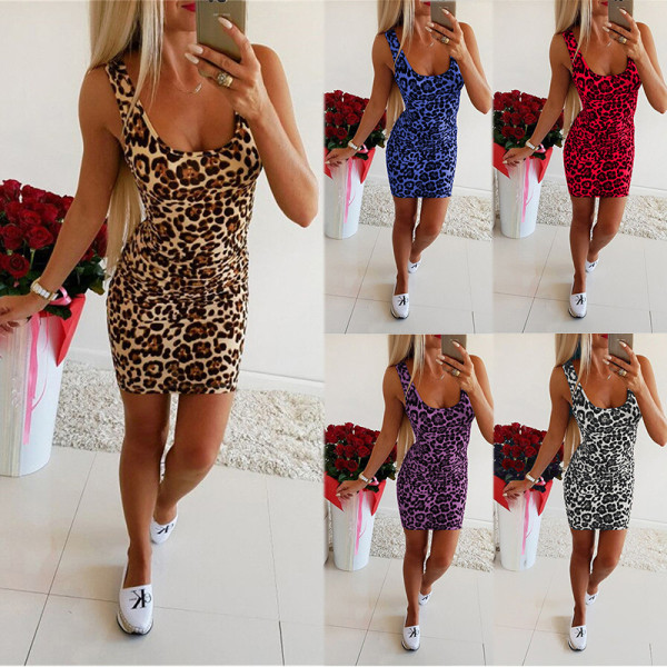 Spring and summer vest dress sexy square neck waist bodycon leopard print dress