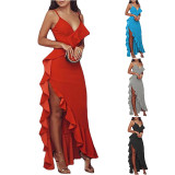 Ruffled suspenders sexy nightclub high slit dress long skirt women's clothing