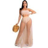 Women's pleated mesh see-through sexy bandeau two-piece set