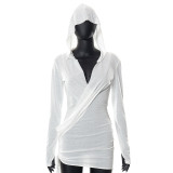Women Summer Solid Mesh Long Sleeve Ruched Casual Mini Hooded Dress