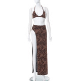 Women Summer Casual Backless Sleeveless Crop Top And Slit Dress Two Piece Set