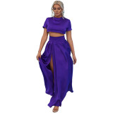 Women Solid Crop Top And Pleated Skirt Slit Loose Two Piece Set