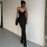 Summer Contrast Lace V-Neck Slim Sexy Backless Straps Slit Dress