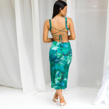 Women Summer Fashion Printed Backless Tie Slim Straps Dress