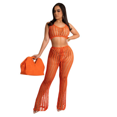 Spring/Summer Sexy Slim Hollow Out Knitted Casual Two Piece Beach Pants Set