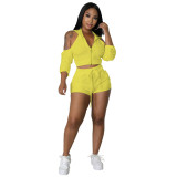 Women's Solid Color Zipper ruched Sexy Backless Two Piece Shorts Set