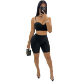 Summer women's sexy low-cut strap low-waist slim solid color Two Piece women's Shorts Set