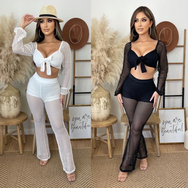 Fashion Casual Women's Sexy Cropped Mesh Beach Two Piece Pants Set