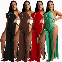 Women's Fashion Sexy Slit Tie Print Jumpsuit