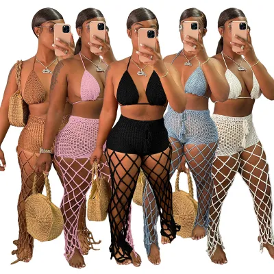 Women's Hollow see through Two Piece Beach Style Fishnet Sexy Fashion Pants Set