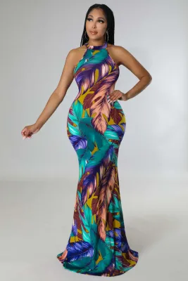 Women's Summer Fashion Colorful Feather Print Sleeveless Dress