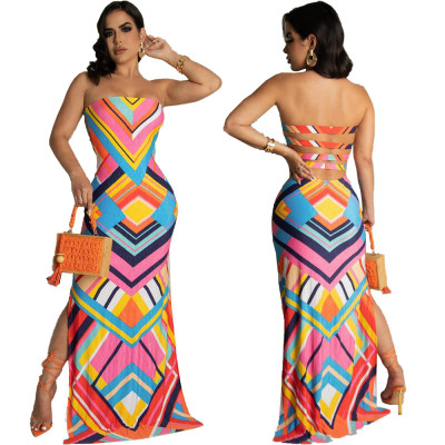 women's Multicolor printed Strapless Long dress