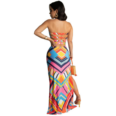 women's Multicolor printed Strapless Long dress