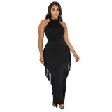 women's summer halterneck solid color fringed skirt set