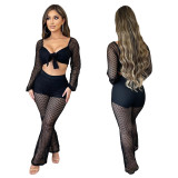 Fashion Casual Women's Sexy Cropped Mesh Beach Two Piece Pants Set