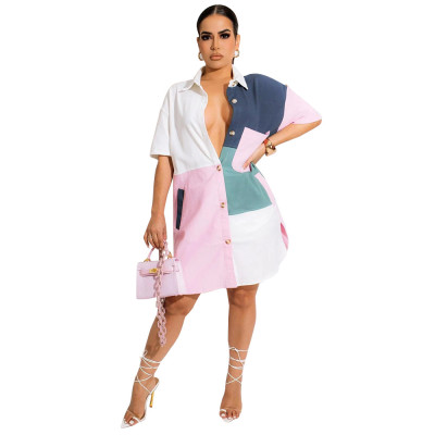 Summer fashion multicolor patchwork slit shirt dress with pockets
