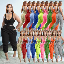 Women's Fashion Sexy Camisole V-Neck Solid Color Pants Casual Two-piece Set