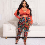 Plus Size Women's Printed Strap Deep V Tight Sexy Stretch Fashion Suit