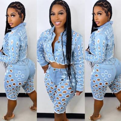Women's sexy fashion hole jeans + trend hole jacket top two-piece set