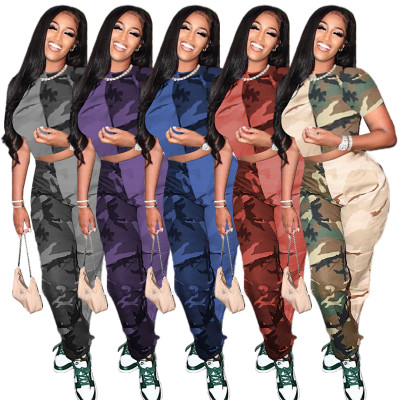 Women's Spring/Summer Colorblock Camouflage Print Two Piece Suit