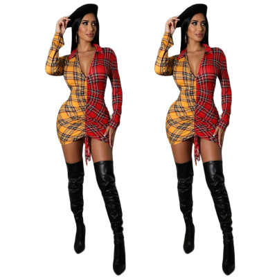 Sexy Ladies Dress Plaid Splicing Lace-Up Slim Fit Bodycon Casual Dress