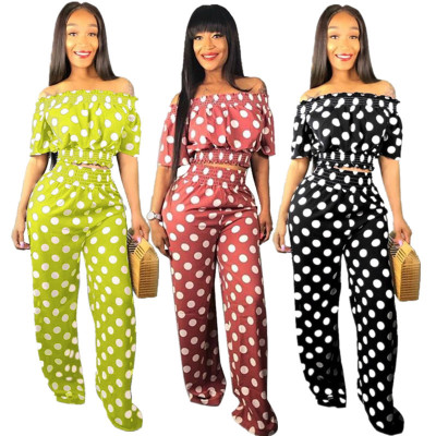 Women's spring and summer fashion off shoulder polka dot two piece wide leg pants