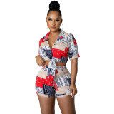 Ladies Fashion Casual Print Lace-Up Two Piece Set