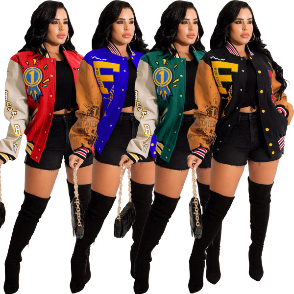 Women's Printed Colorblock Button Buckle Baseball Jacket