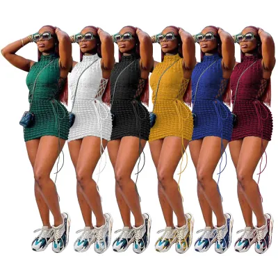 Women Summer Side Lace Up Bubble Sleeveless Mini Dress