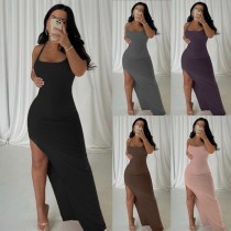 Women Summer Sexy Solid Straps Slit Long Dress