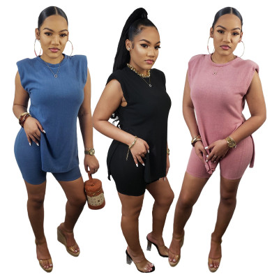 Women Fashion Casual Shoulder Pad Long Top And Shorts Two Piece